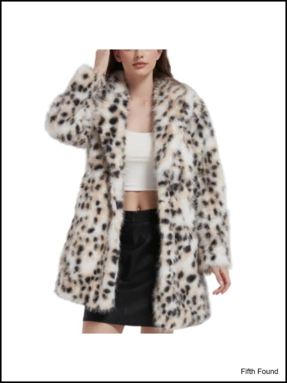 Faux Fur Mid Length Winter Coat Lapel Collar Fluffy Leopard Print Outerwear